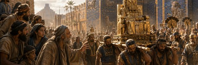 Jewish exiles watch attendants carry a gilded wooden idol through Babylon as an elder warns them